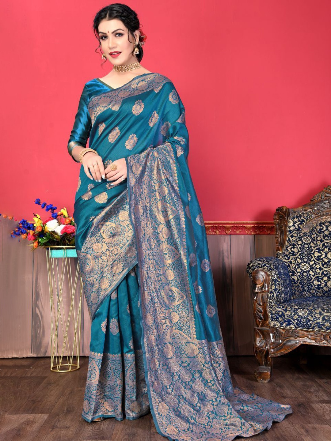 

Visit Wear Zari Woven Pure Silk Kanjeevaram Saree, Teal