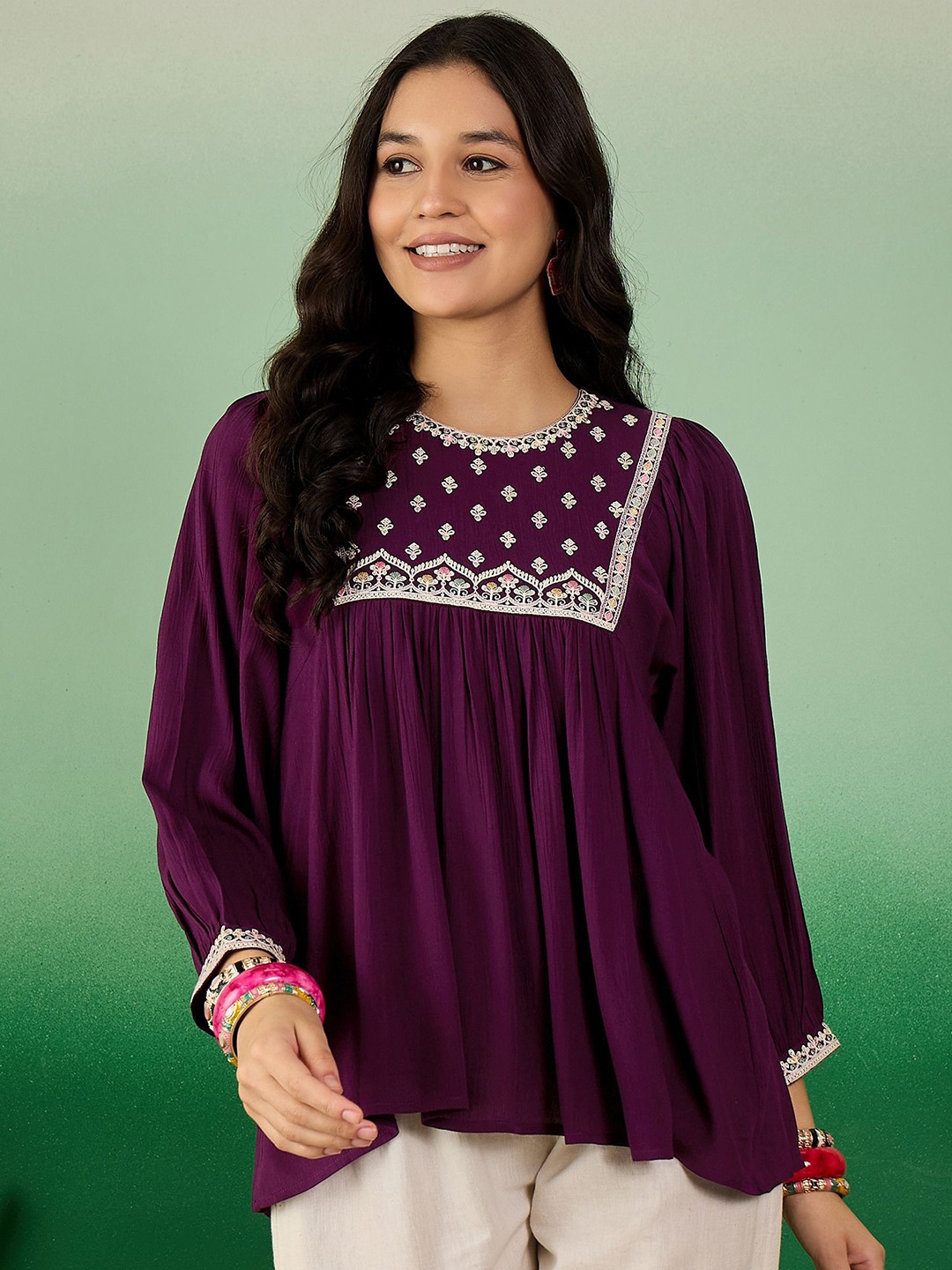 

Sangria Embroidered Straight Short Kurtis, Purple