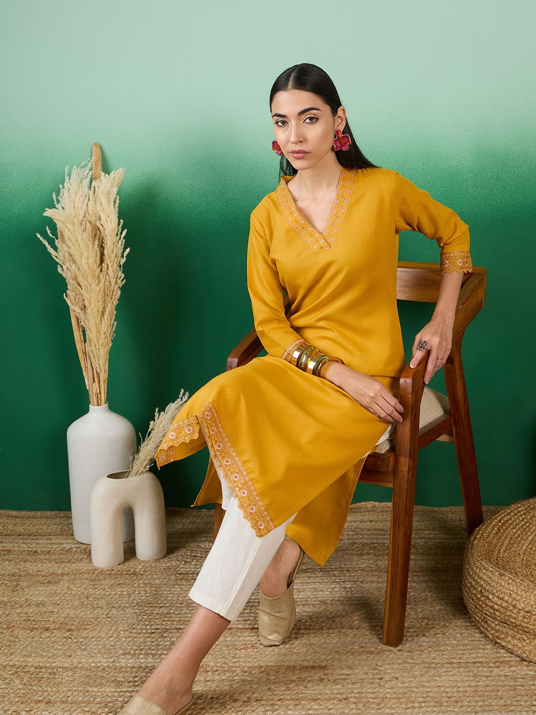 

Sangria V Neck Kurta, Yellow