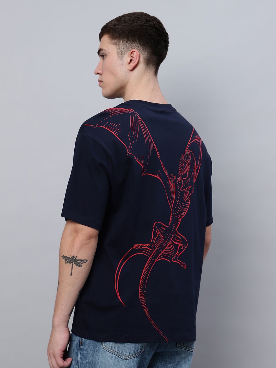 

Free Authority Men Graphic Printed Round Neck Cotton Oversized T-Shirt, Navy blue