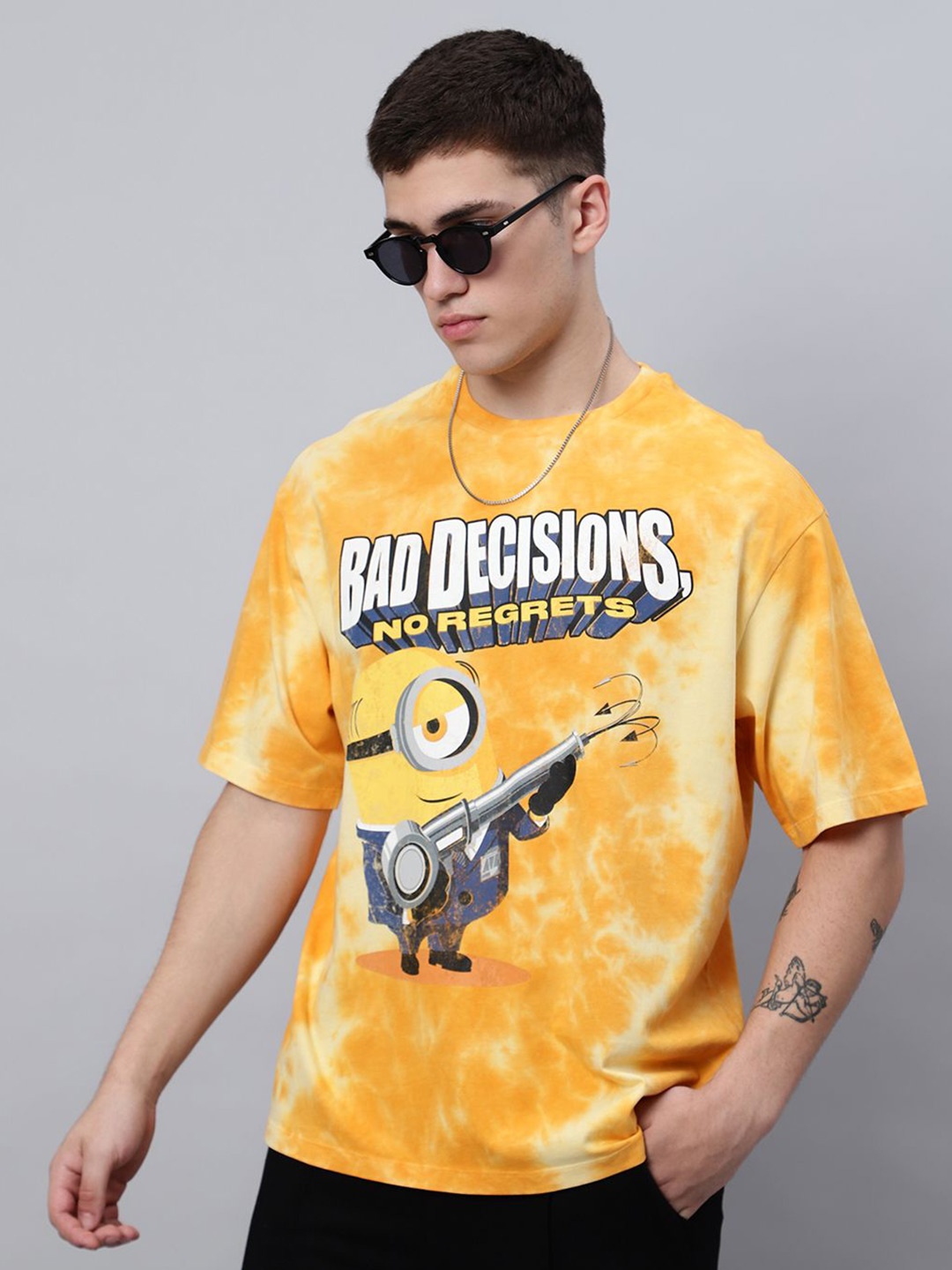 

Free Authority Men Graphic Printed Round Neck Cotton Oversized T-Shirt, Yellow