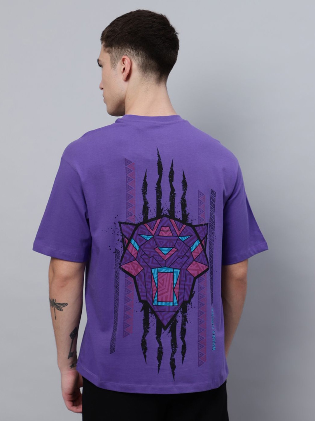 

Free Authority Men Graphic Printed Round Neck Cotton Oversized T-Shirt, Purple