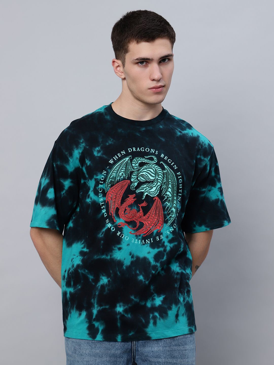 

Free Authority Men Graphic Printed Round Neck Cotton Oversized T-Shirt, Black