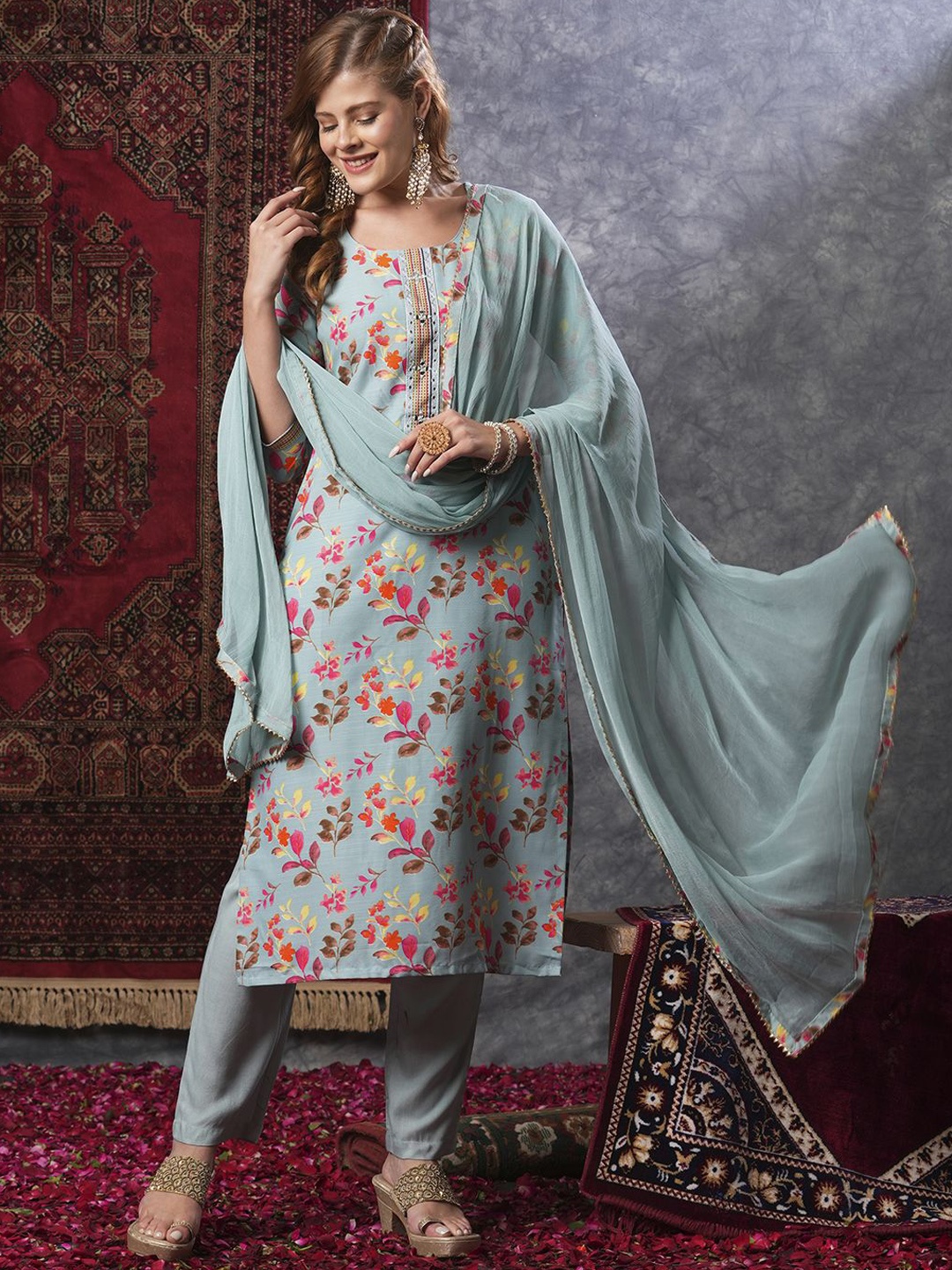 

KALINI Floral Printed Straight Kurta with Trousers & Dupatta, Blue