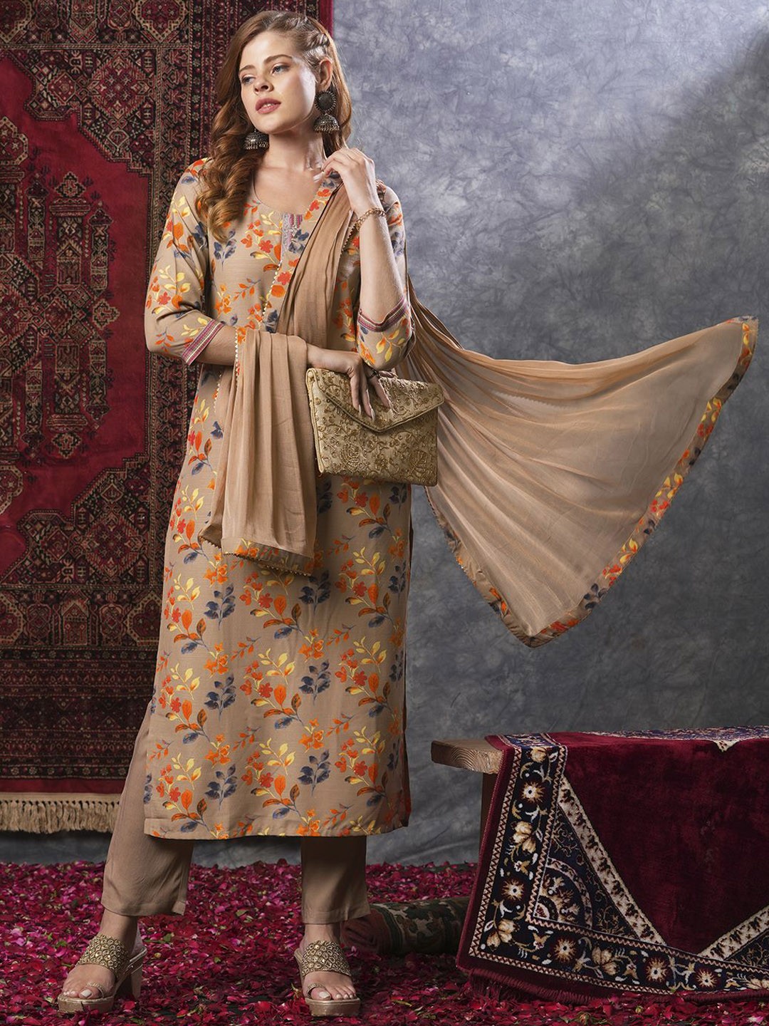 

KALINI Floral Printed Round Neck Straight Kurta With Trousers & Dupatta, Cream