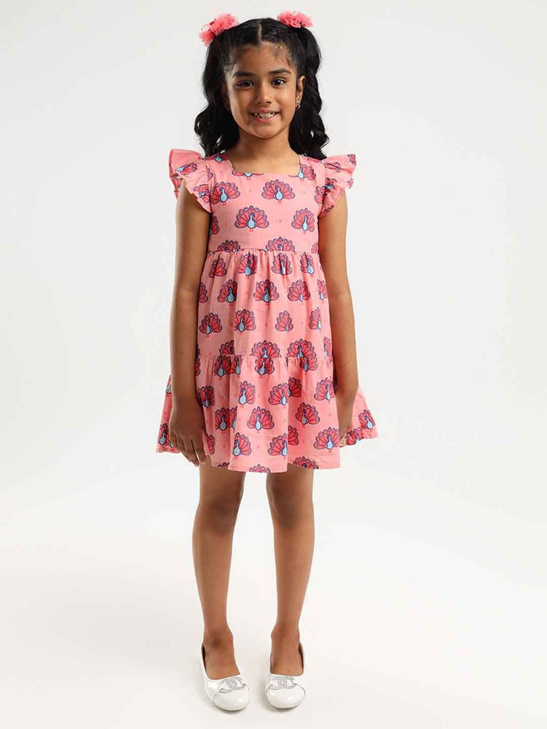 

Somersault Girls Printed Square Neck Cap Sleeves Above Knee Fit & Flare Dress, Pink