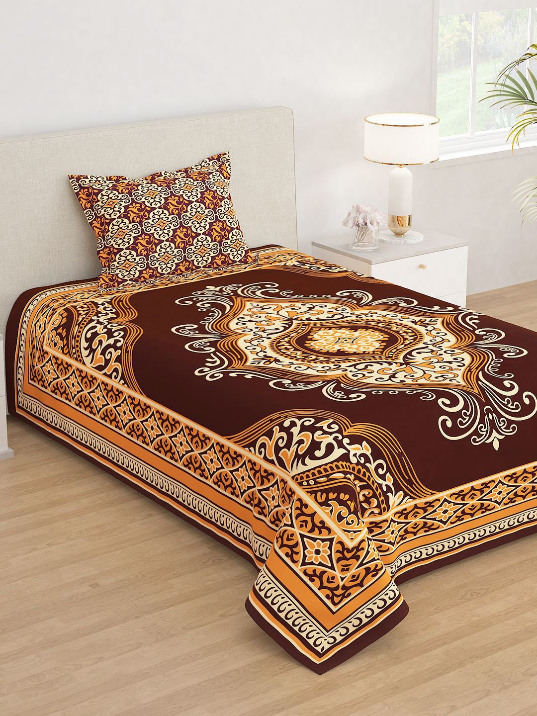 

Story@home Brown & Yellow Printed 210 TC Microfiber Single Bedsheet With 1 Pillow Cover