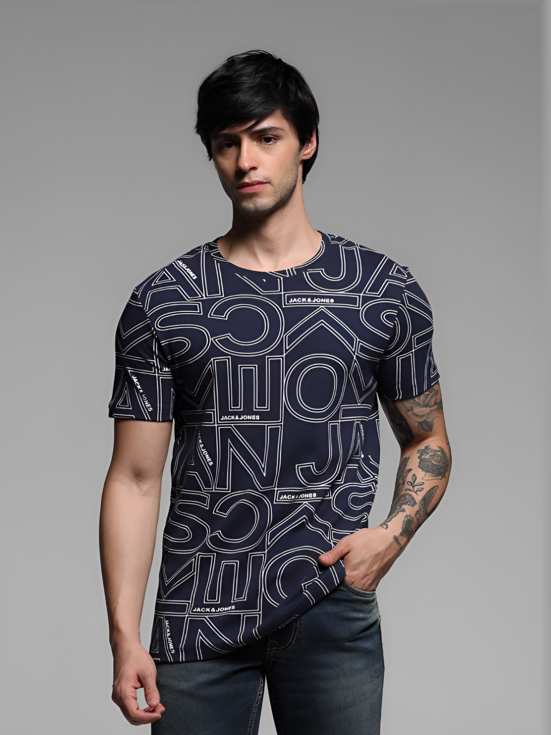 

Jack & Jones Men Printed Round Neck Cotton Tshirt, Navy blue
