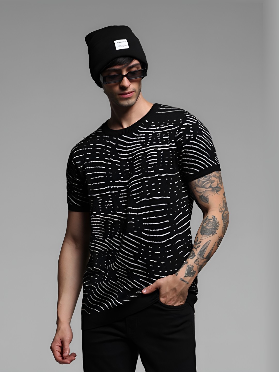 

Jack & Jones Men Printed Round Neck Cotton Tshirt, Black