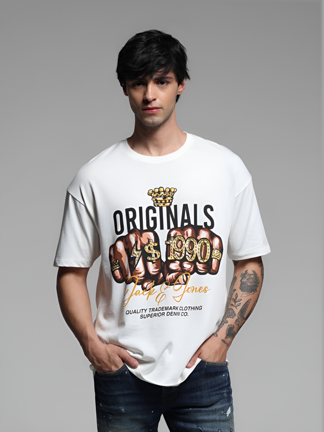 

Jack & Jones Men Printed Round Neck Cotton Oversized Tshirt, White