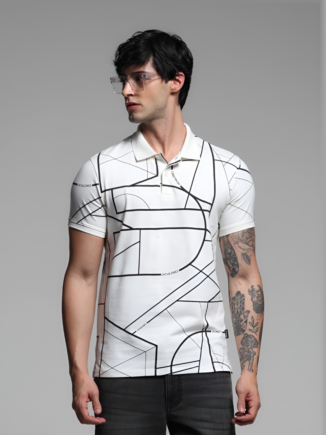 

Jack & Jones Men Striped Polo Collar Pockets Slim Fit T-shirt, White