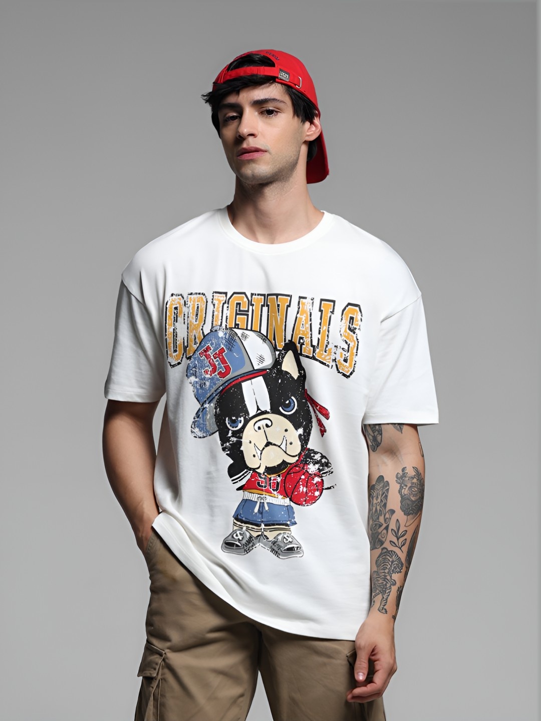 

Jack & Jones Men Printed Round Neck Cotton Oversized Tshirt, White