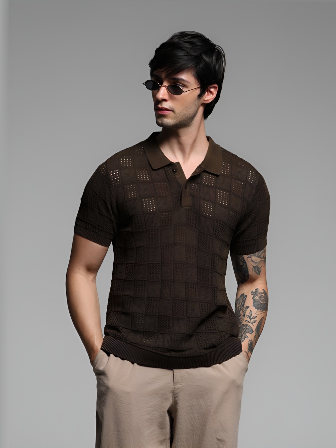 

Jack & Jones Men Printed Polo Collar Cotton Tshirt, Brown