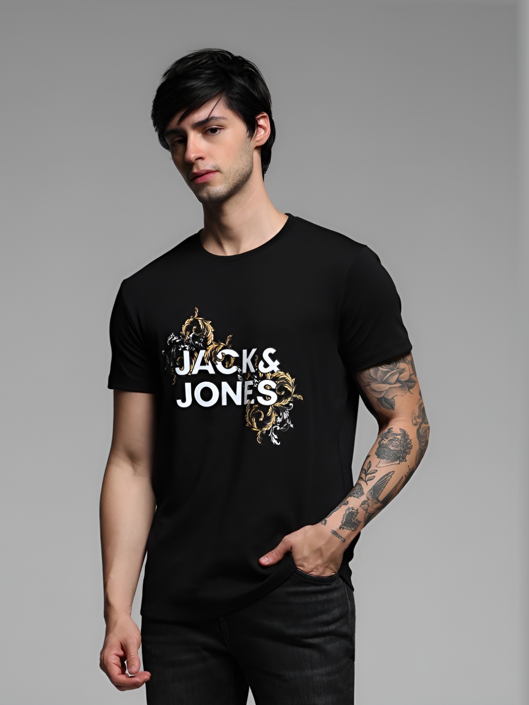 

Jack & Jones Men Printed Round Neck Cotton Tshirt, Black
