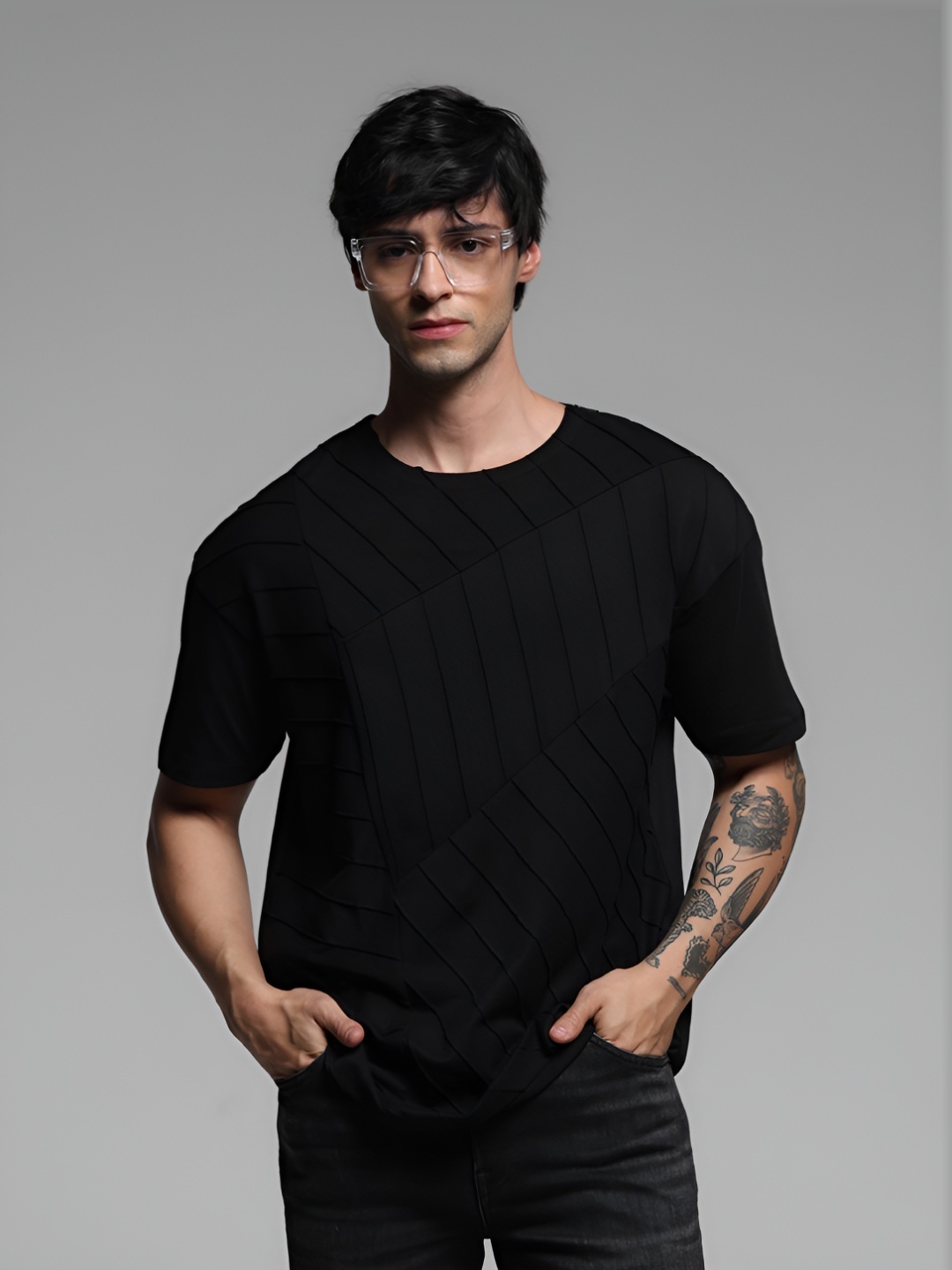 

Jack & Jones Men Self Design Round Neck Cotton Oversized Tshirt, Black