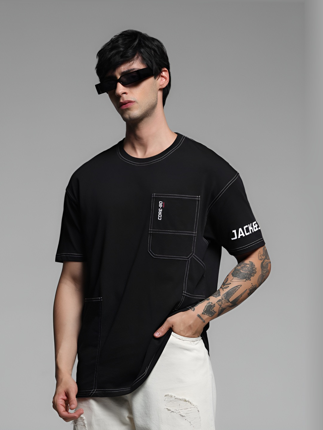 

Jack & Jones Men Printed Round Neck Cotton Oversized Tshirt, Black