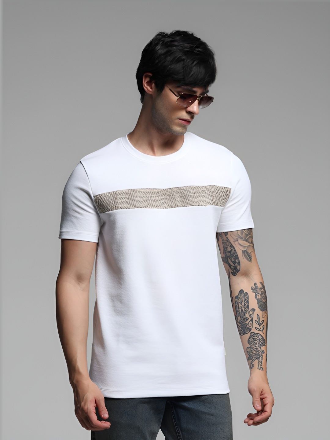 

Jack & Jones Men Abstract Printed Neck Cotton Tshirt, White