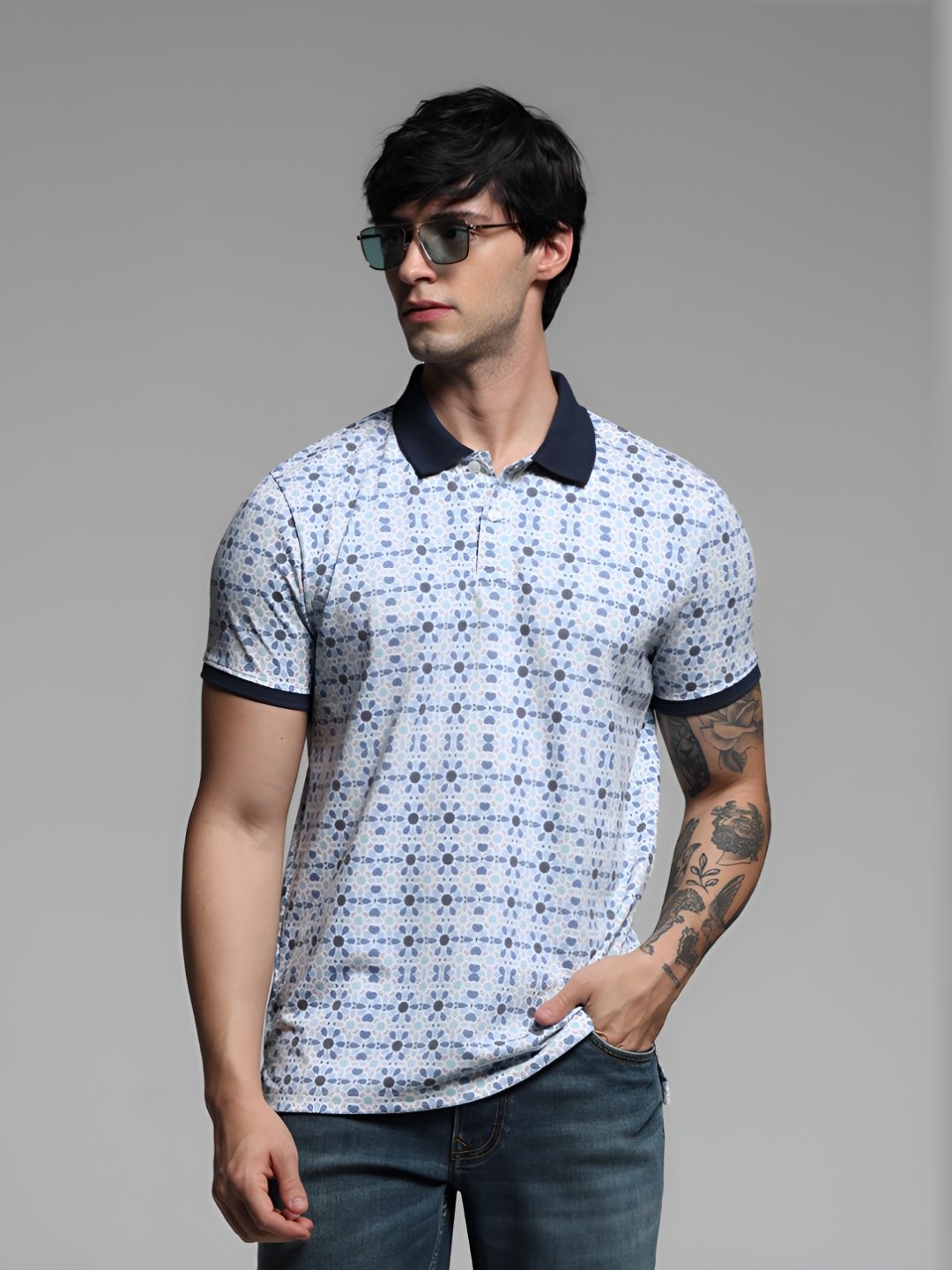 

Jack & Jones Men Printed Polo Collar Cotton Tshirt, White
