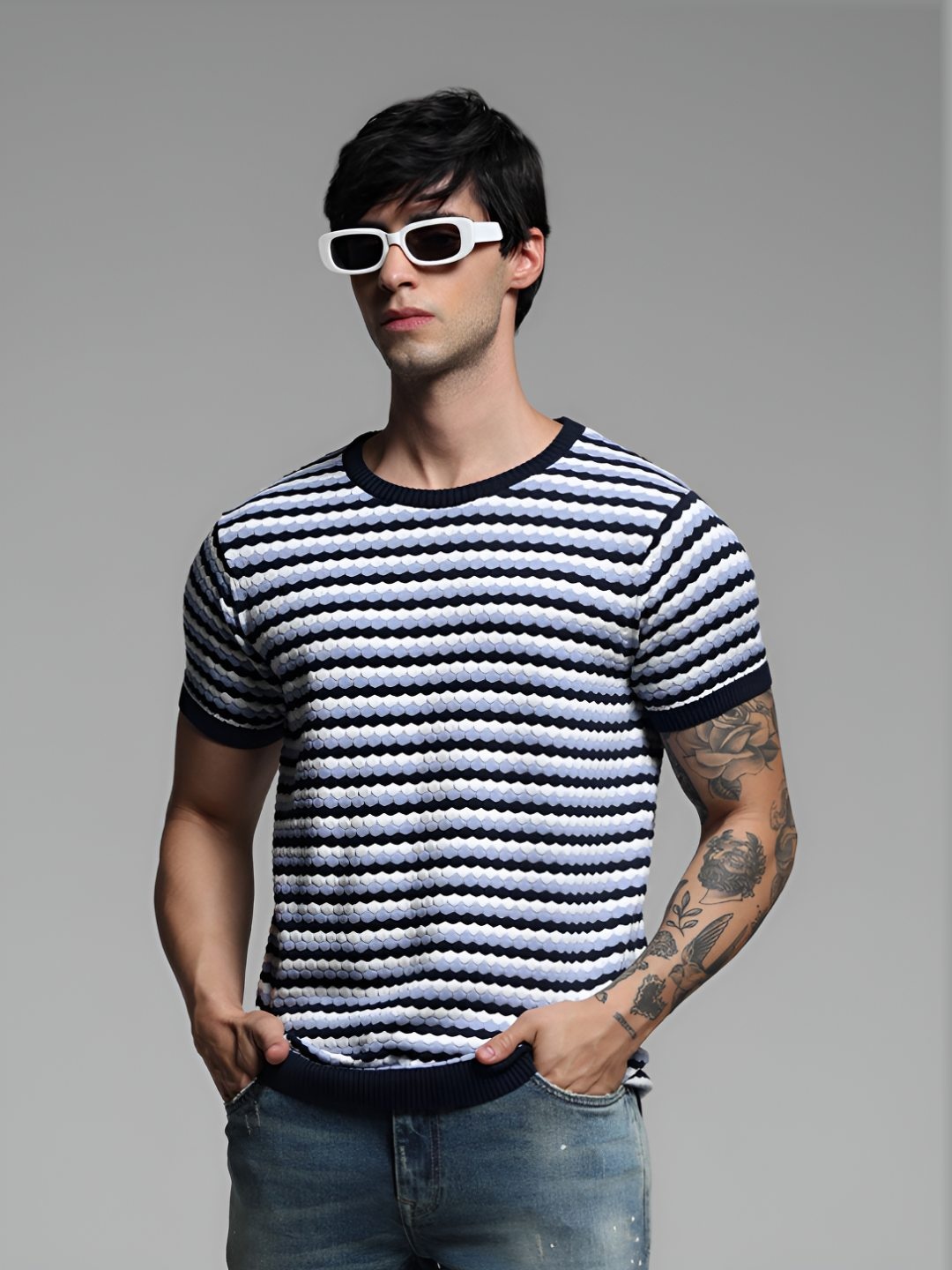 

Jack & Jones Men Striped Round Neck Cotton Tshirt, Blue