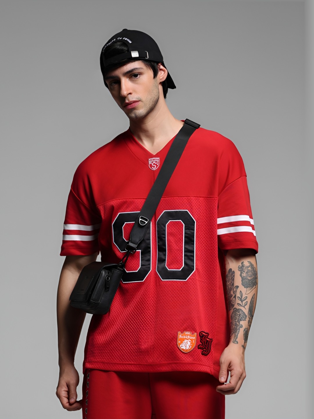 

Jack & Jones Men Varsity Printed V-Neck Cotton Oversized Tshirt, Red