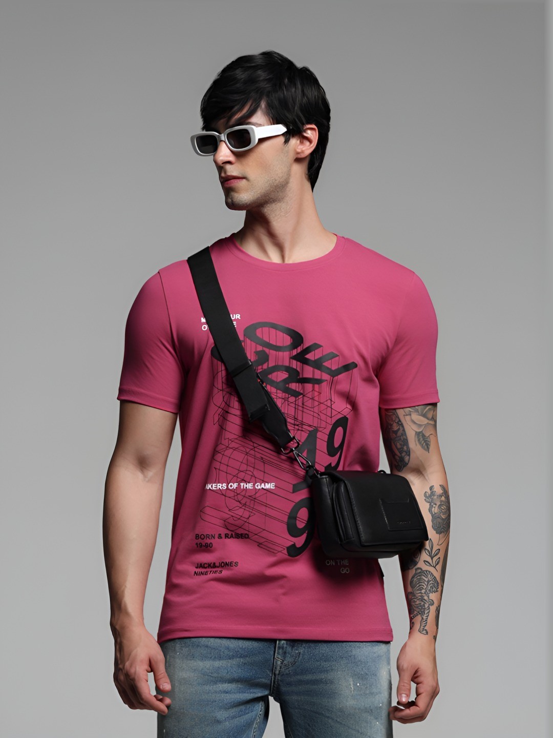 

Jack & Jones Men Printed Round Neck Cotton Tshirt, Pink