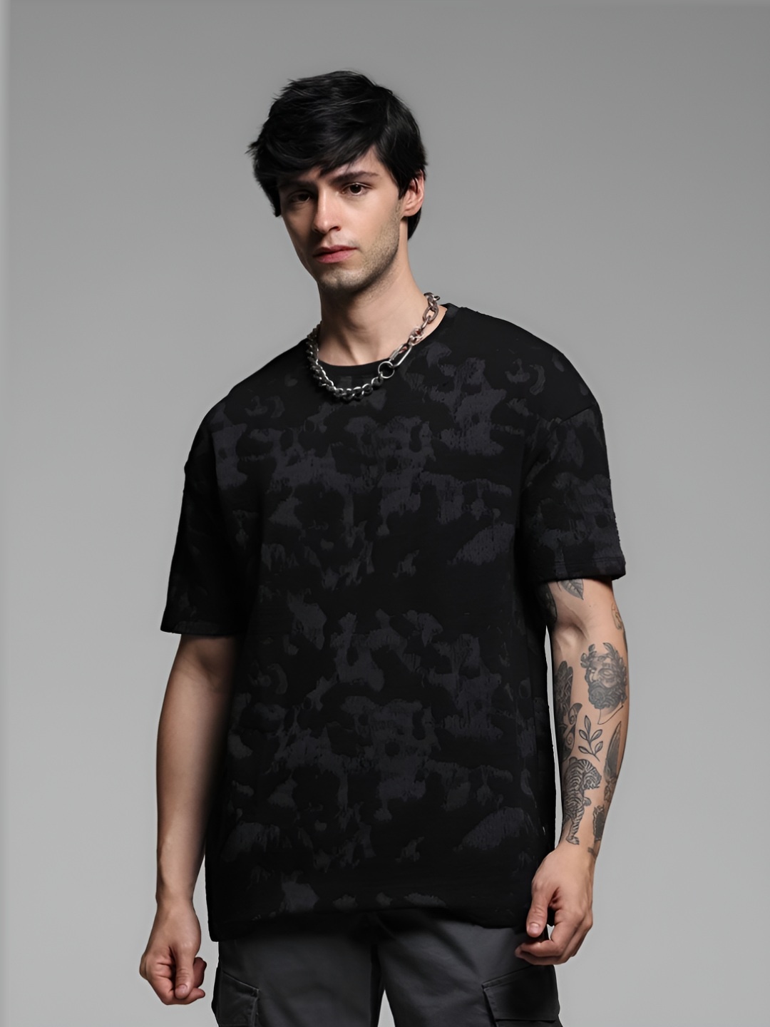 

Jack & Jones Men Abstract Printed Neck Polyester Oversized Tshirt, Black