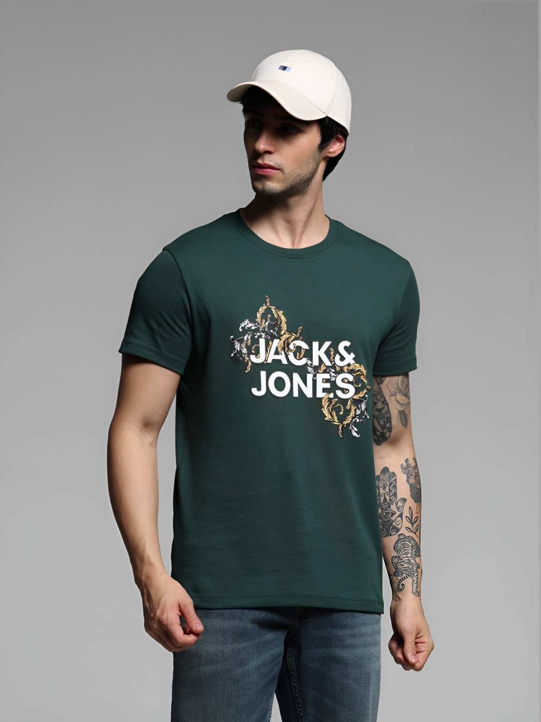 

Jack & Jones Men Printed Round Neck Cotton Tshirt, Green