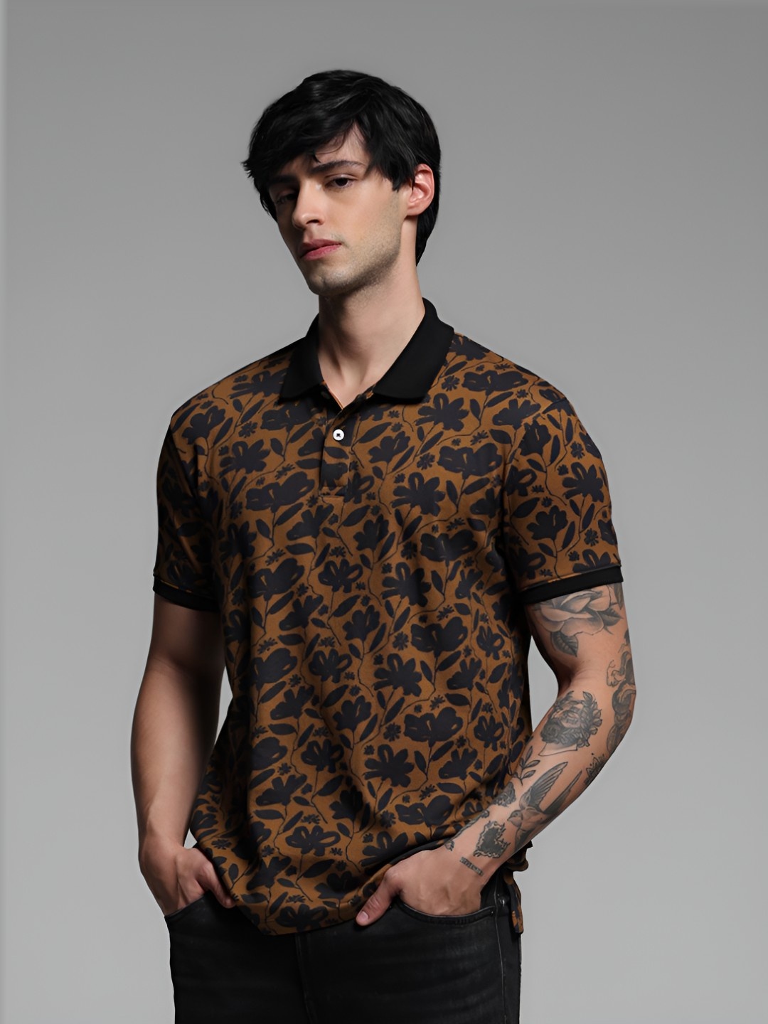 

Jack & Jones Men Printed Polo Collar Cotton Tshirt, Brown