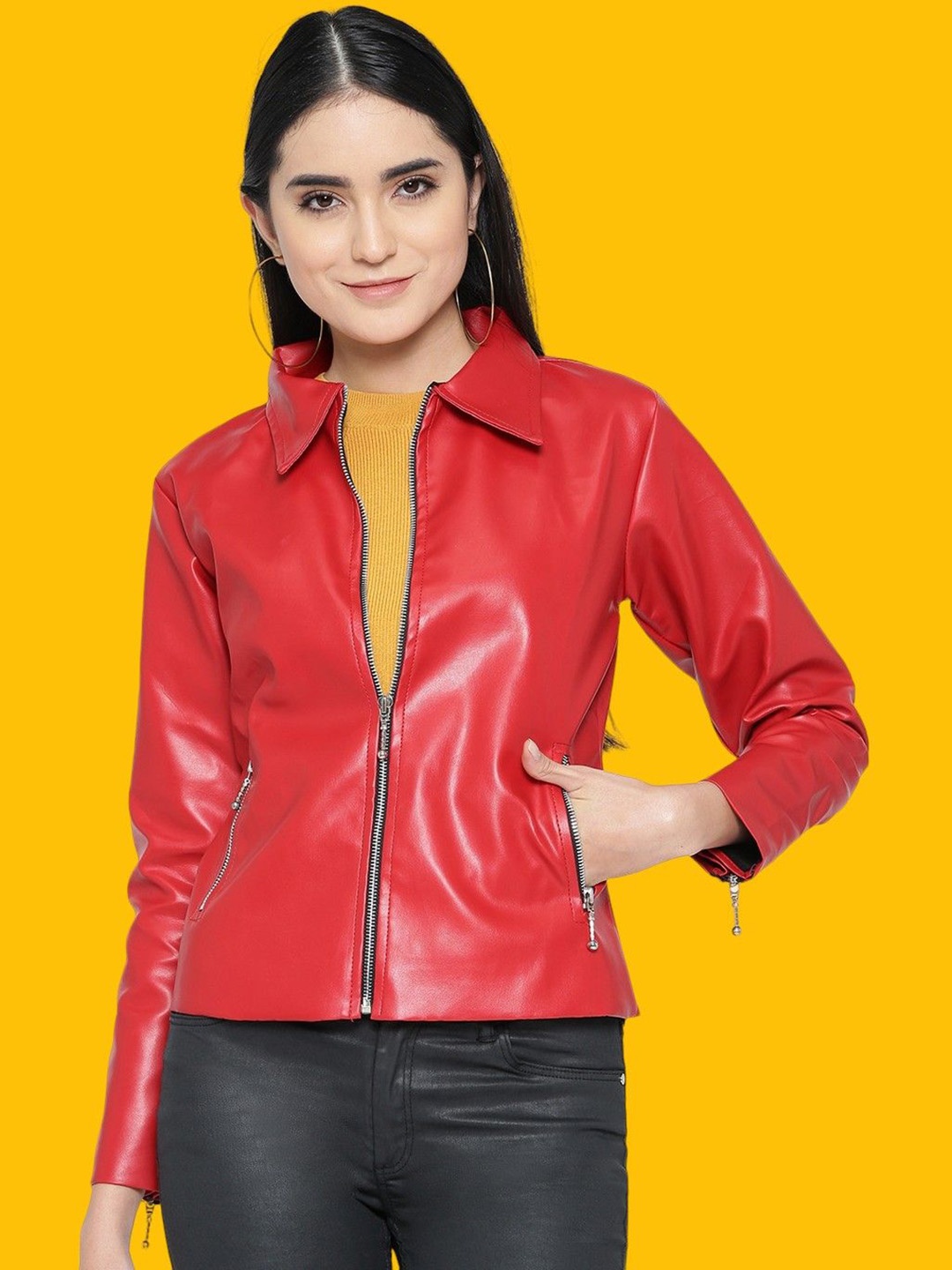 

BAESD Women Lightweight Crop Leather Jacket, Red
