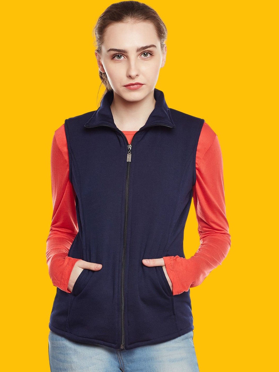 

BAESD Women Colourblocked Fleece Lightweight Crop Sporty Jacket, Navy blue