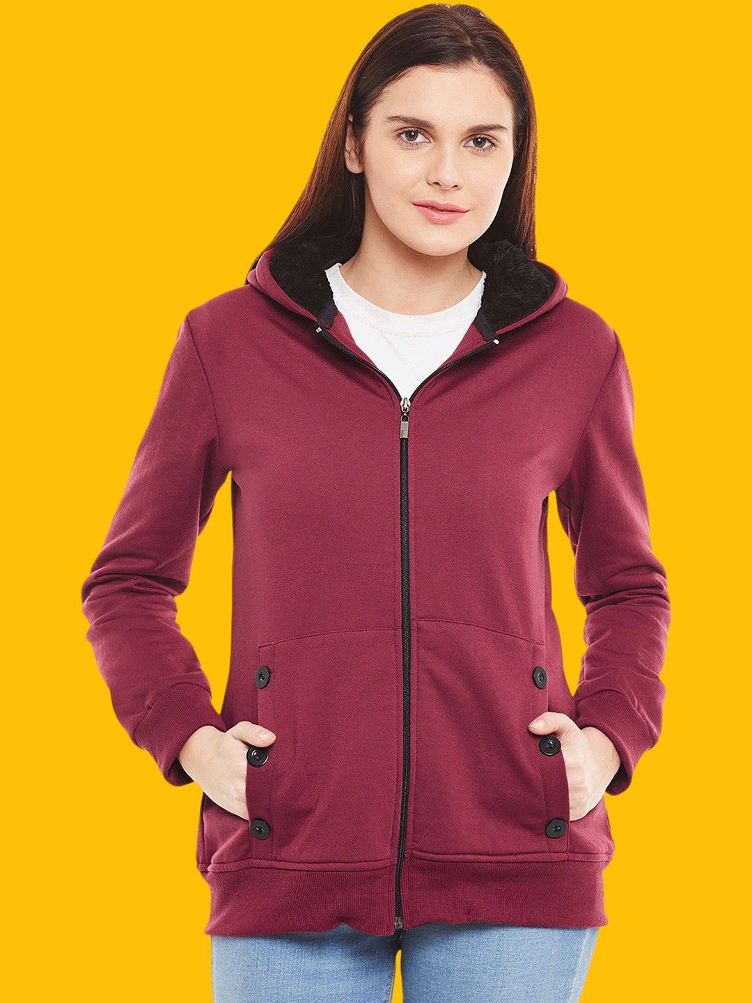 

BAESD Women Colourblocked Fleece Lightweight Longline Sporty Jacket, Maroon
