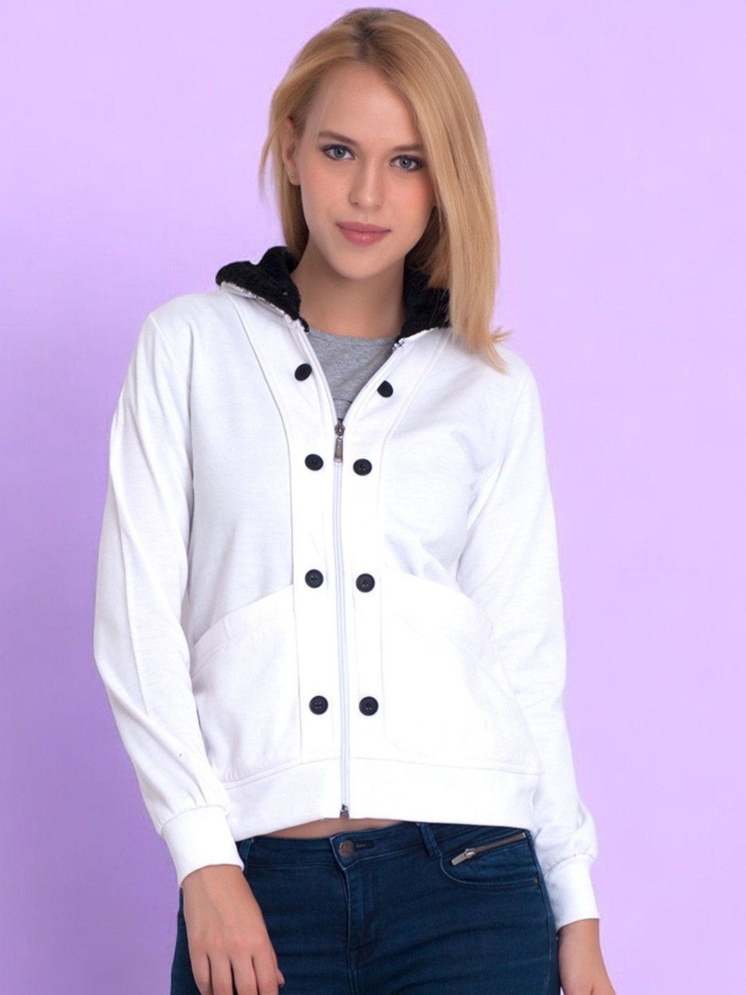 

BAESD Women Colourblocked Fleece Lightweight Crop Padded Jacket, White