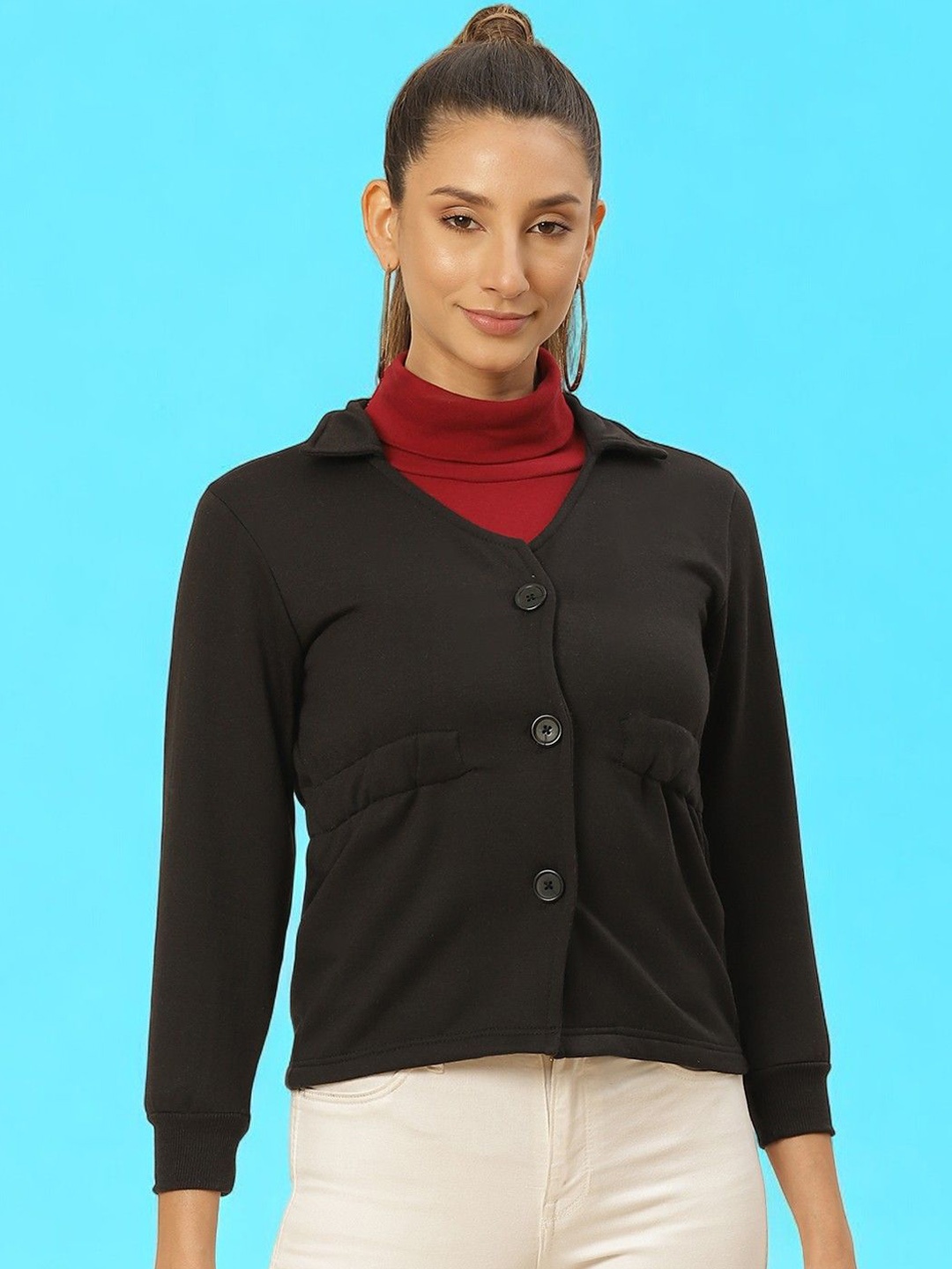 

BAESD Women Floral Fleece Lightweight Crop Tailored Jacket Embroidered, Black