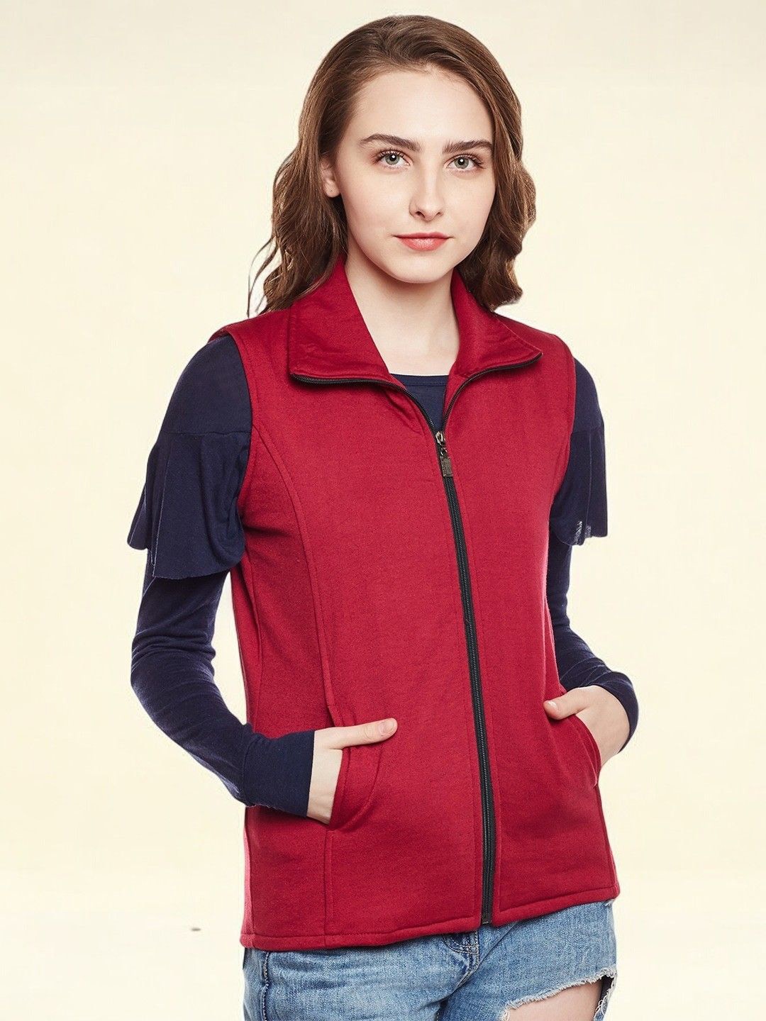 

BAESD Women Colourblocked Fleece Lightweight Crop Sporty Jacket, Maroon