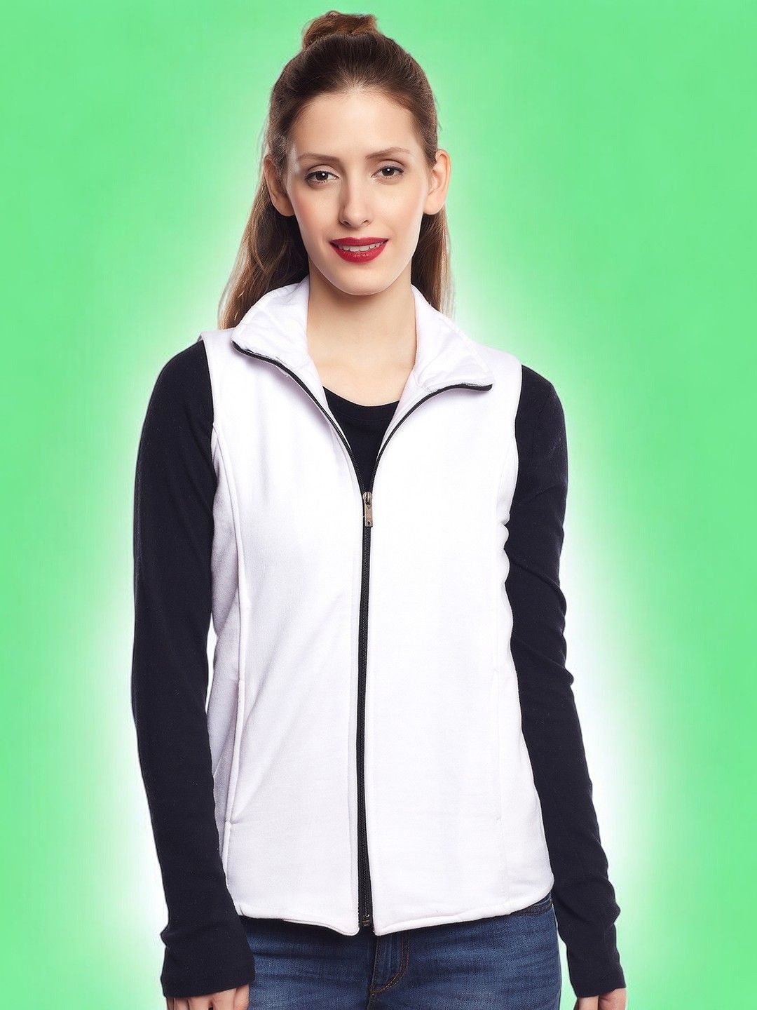 

BAESD Women Colourblocked Fleece Lightweight Crop Sporty Jacket, White