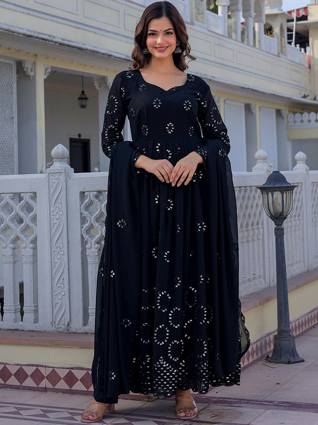 

Fashion Basket Embroidered Kurta With Trouser & Dupatta, Black