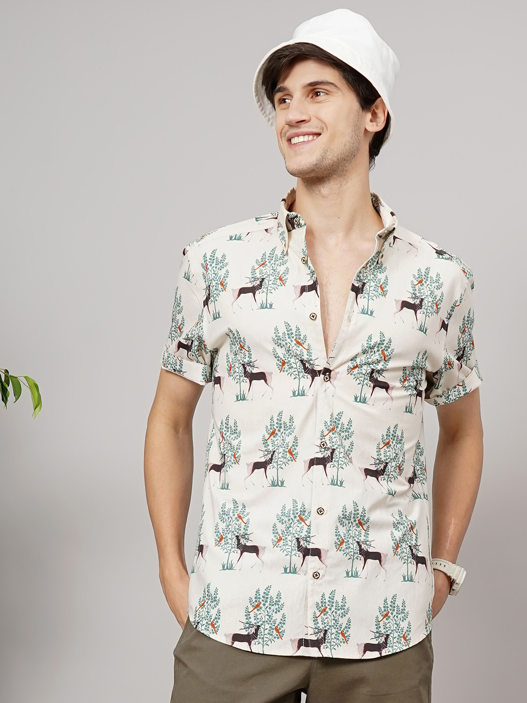

HANDRWN Men Custom Conversational Printed Opaque Casual Shirt, Cream