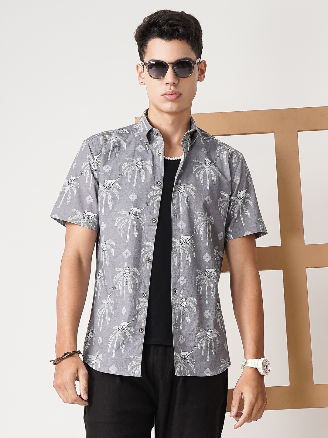 

HANDRWN Men Custom Tropical Printed Opaque Casual Shirt, White