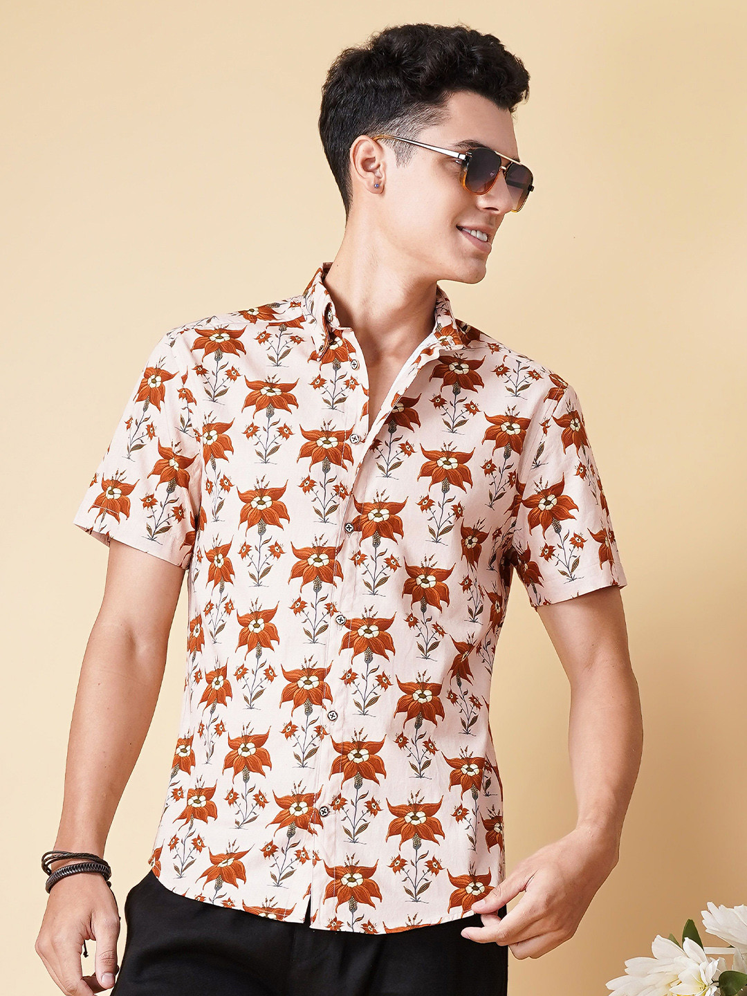 

HANDRWN Men Custom Floral Printed Cotton Casual Shirt, Peach