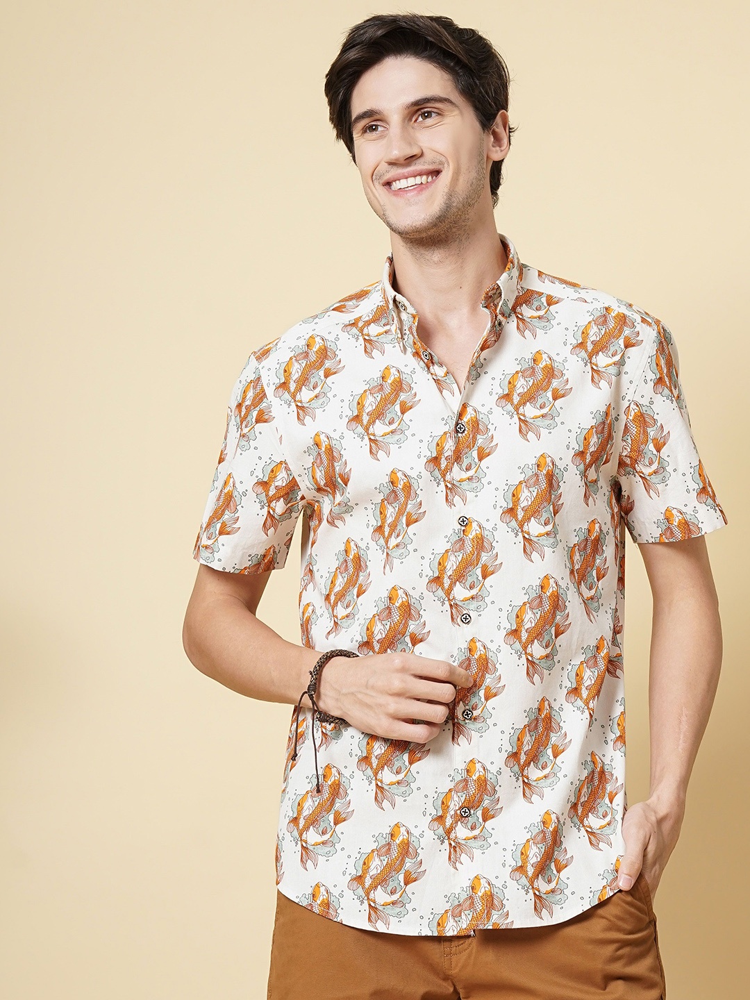 

HANDRWN Men Custom Conversational Printed Opaque Casual Shirt, White