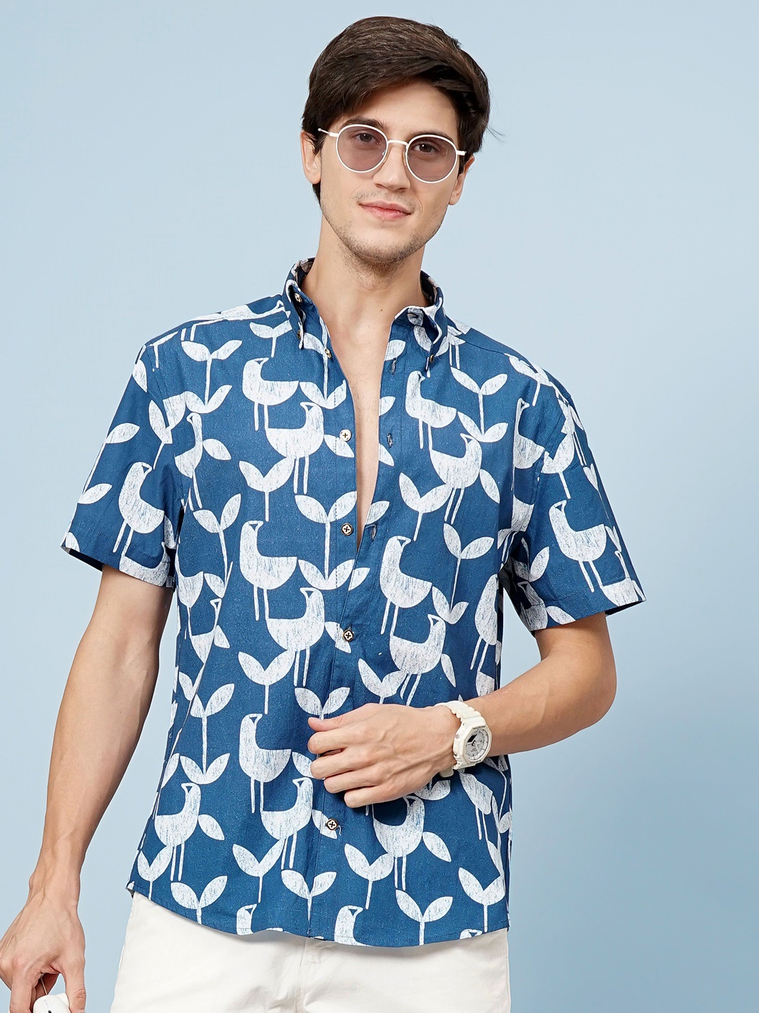 

HANDRWN Men Custom Opaque Printed Casual Shirt, Blue