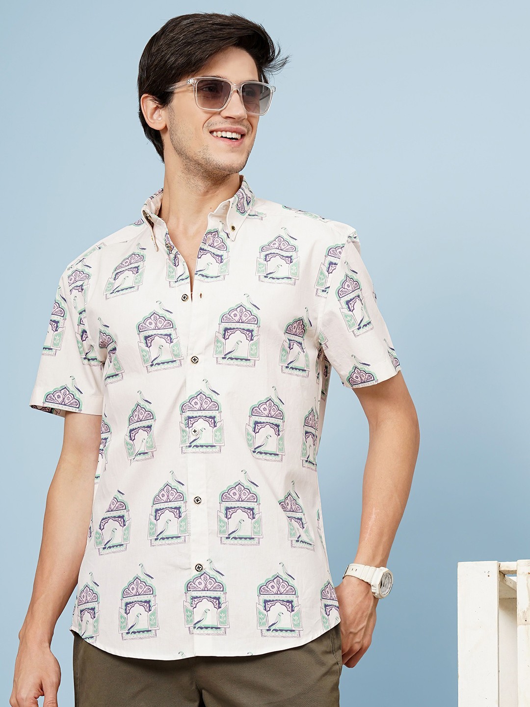 

HANDRWN Men Custom Conversational Printed Cotton Casual Shirt, White