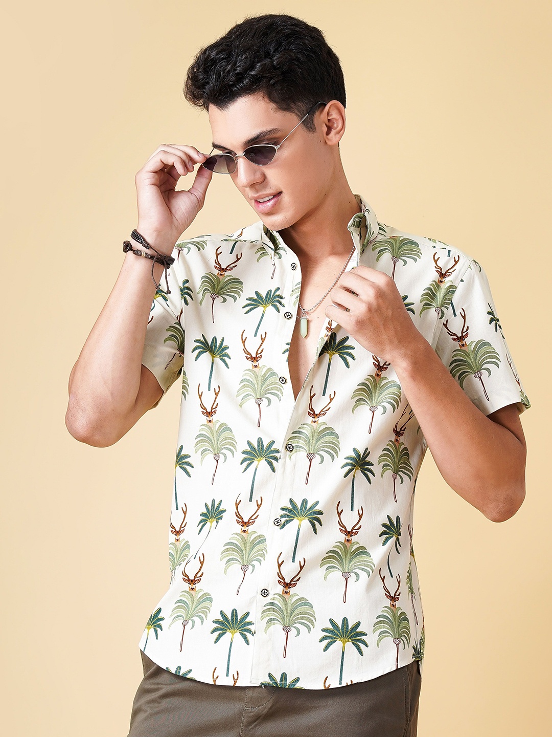 

HANDRWN Men Custom Floral Opaque Printed Casual Shirt, Cream
