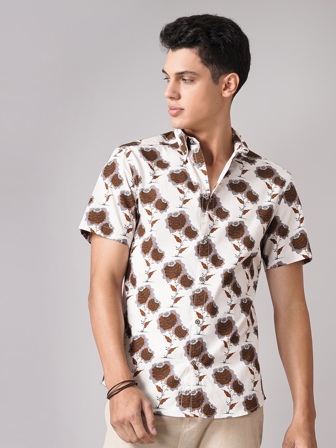 

HANDRWN Men Custom Floral Opaque Printed Casual Shirt, White