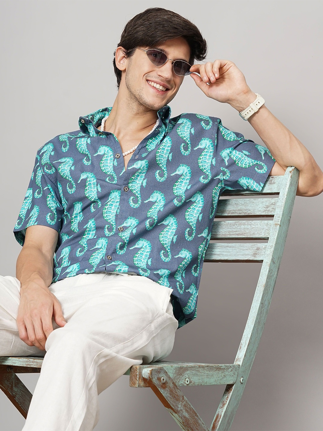 

HANDRWN Men Custom Floral Opaque Printed Pure Cotton Casual Shirt, Teal
