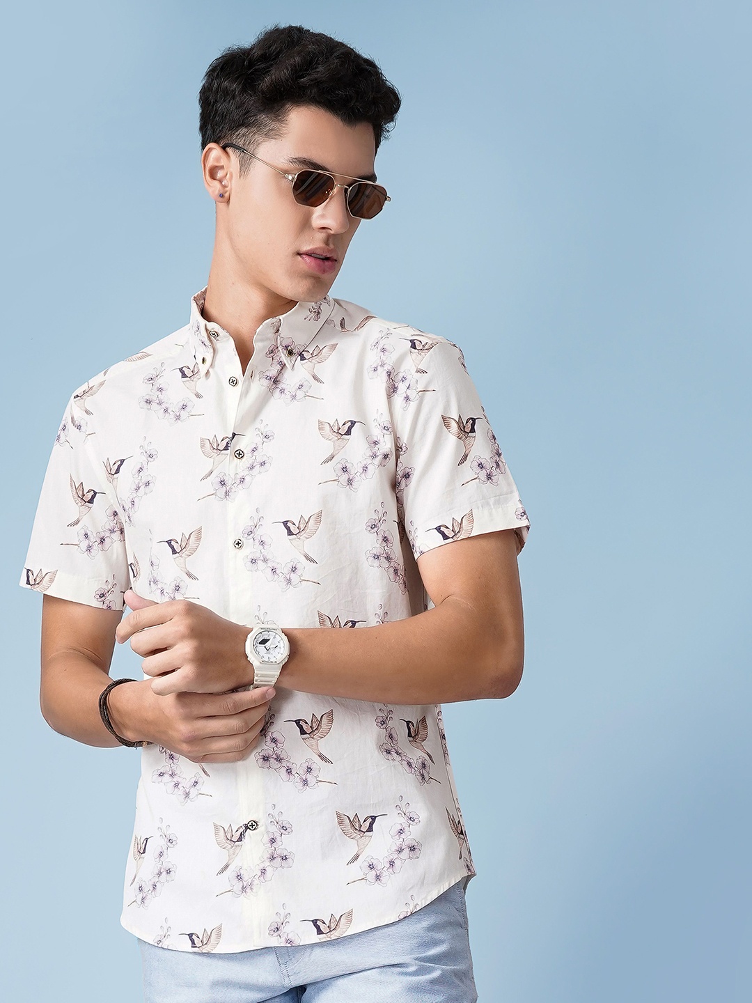 

HANDRWN Men Custom Floral Opaque Printed Casual Shirt, Navy blue