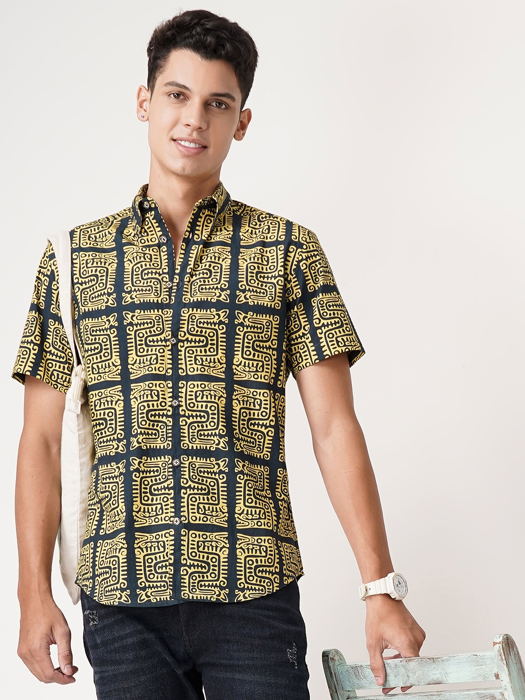 

HANDRWN Men Custom Opaque Printed Casual Shirt, Yellow