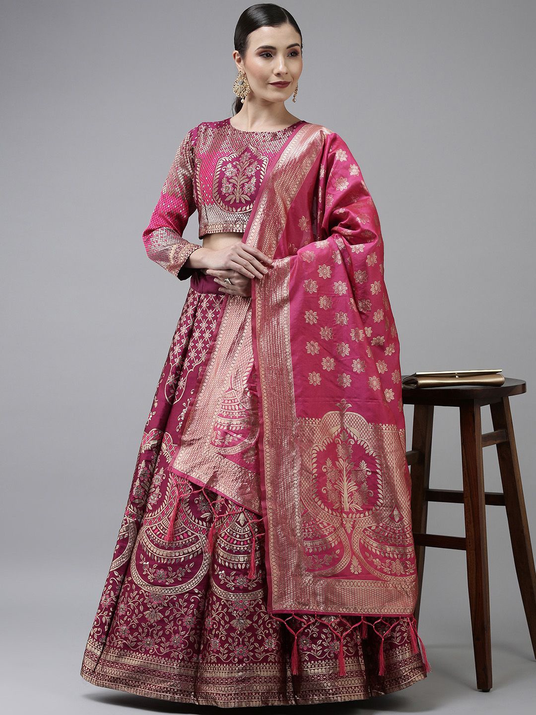 

KAZIA Foil Printed Jacquard Semi-Stitched Lehenga & Unstitched Blouse With Dupatta, Pink