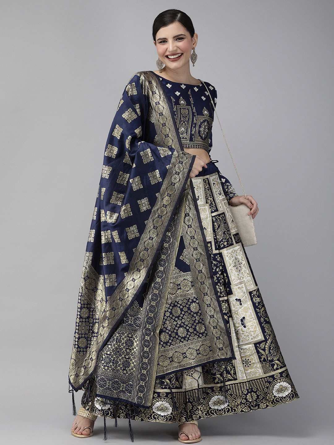 

KAZIA Foil Printed Jacquard Semi-Stitched Lehenga & Unstitched Blouse With Dupatta, Blue