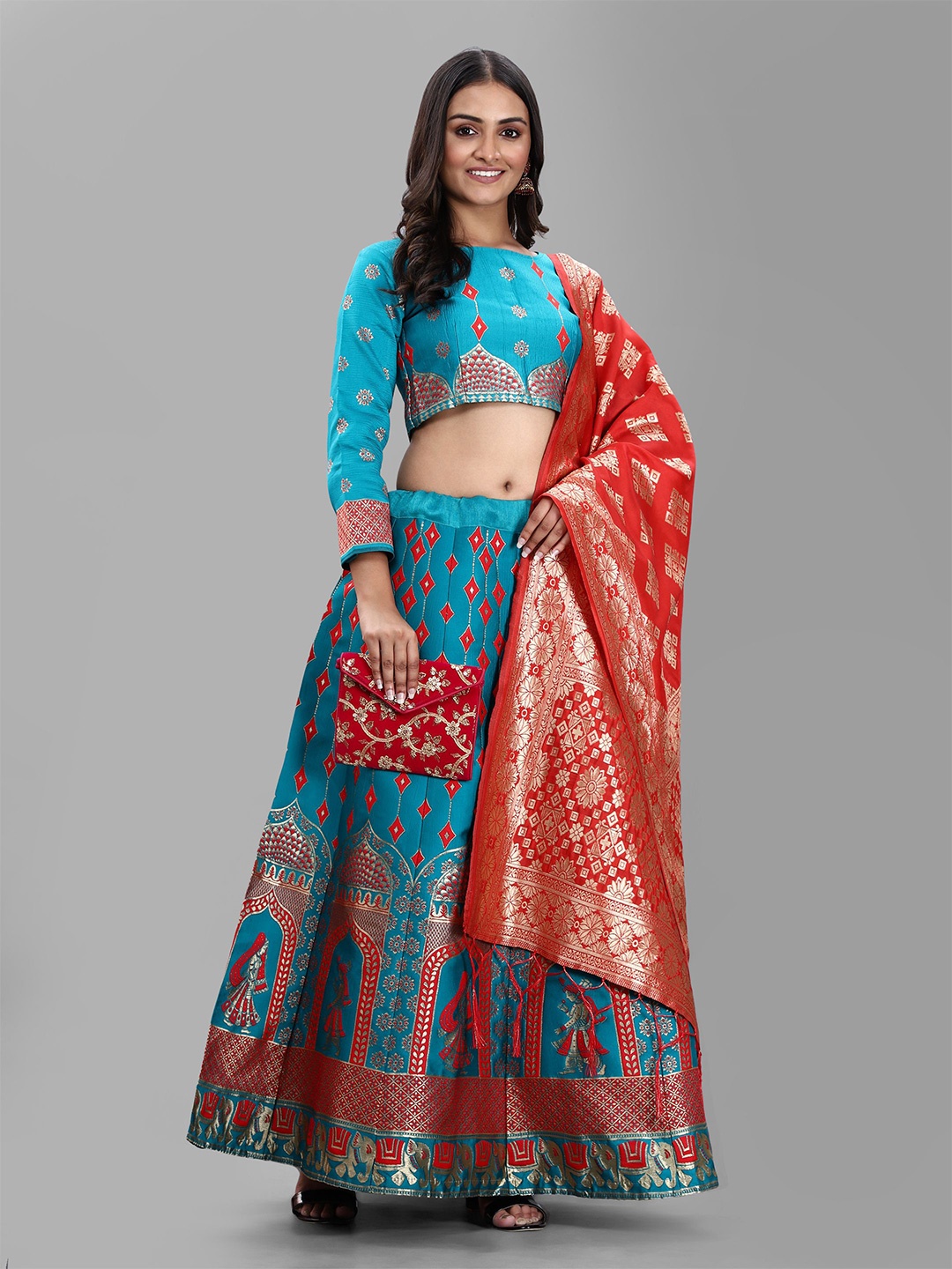 

KAZIA Foil Printed Jacquard Semi-Stitched Lehenga & Unstitched Blouse With Dupatta, Blue